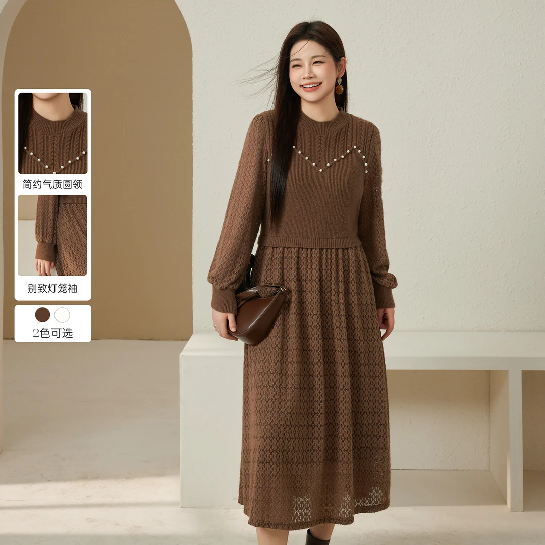 【千金玛德琳钉珠针织连衣裙】纤莉秀大码女装温柔风显瘦QJ4089