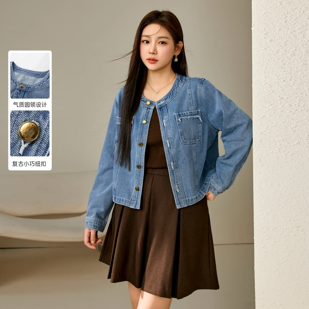 【小香风亚麻牛仔外套】纤莉秀大码女装胖mm休闲百搭外套QJ1211