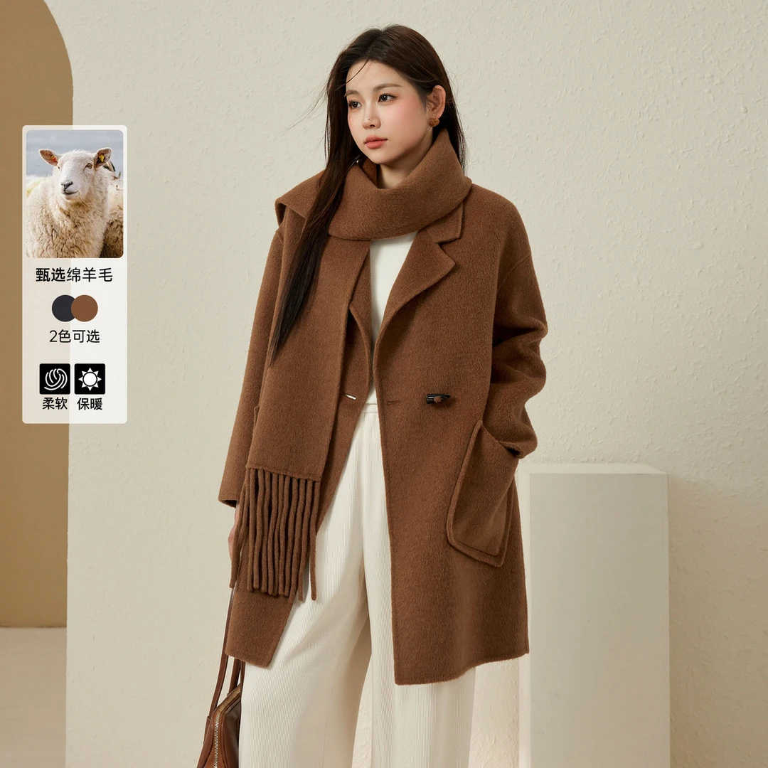 【气质雅丹风绵羊毛驼绒毛呢外套】纤莉秀大码女装毛呢外套QJ2804