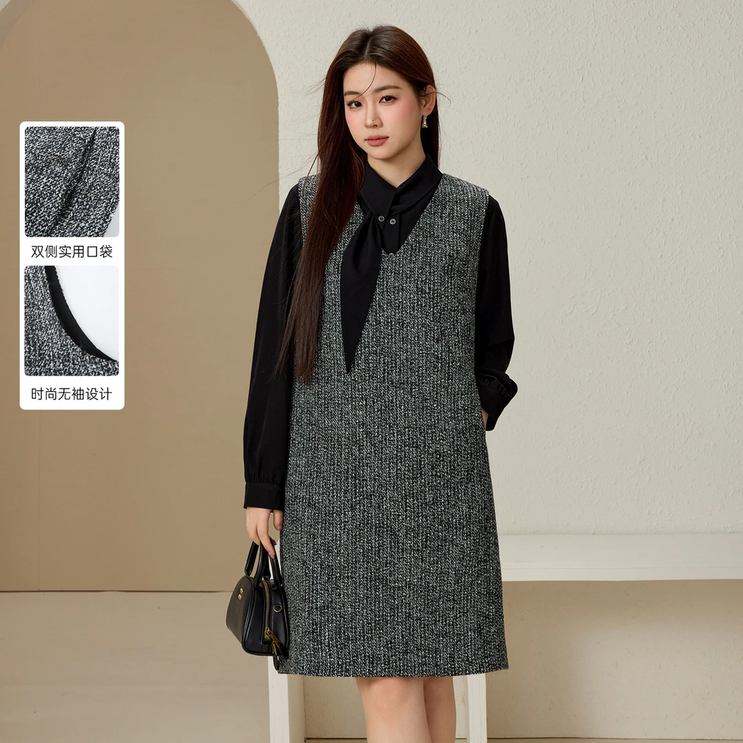 【洋气v领连衣裙】纤莉秀大码女装知性优雅气质百搭连衣裙QJ5263