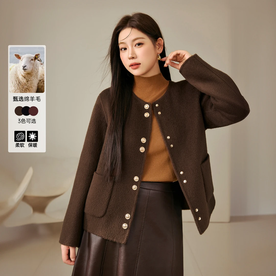 【雅丹风驼绒绵羊毛大衣】纤莉秀大码女时髦洋气百搭外套QJ2788