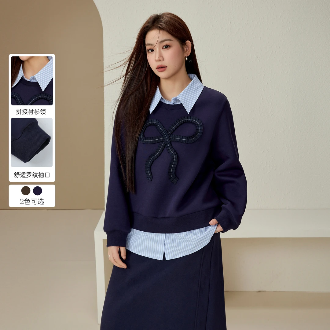 【百搭学院风条纹拼接假两件卫衣】纤莉秀大码女装【视频】卫衣QJ5226