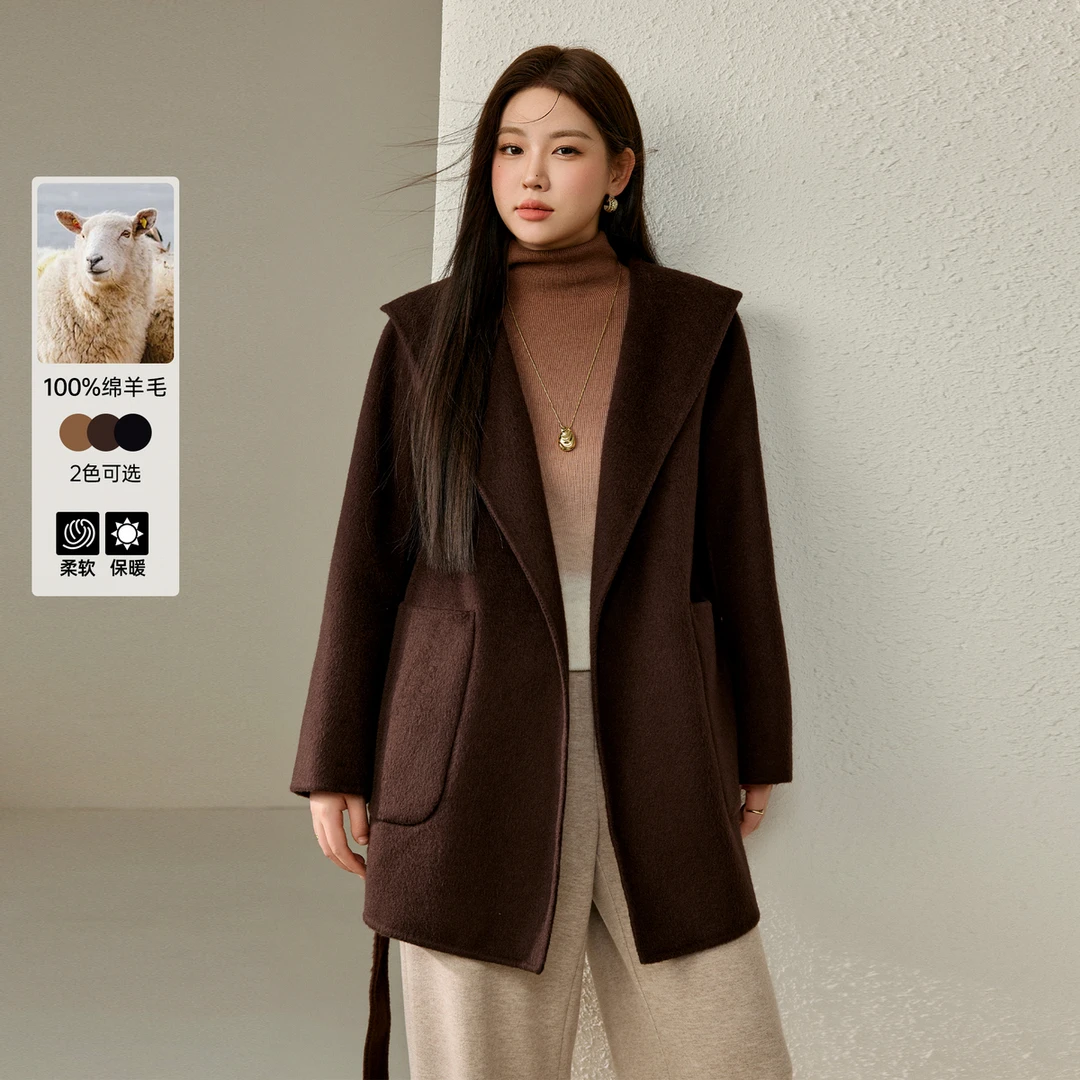 【绵羊毛呢子】纤莉秀大码女装冬季宽松连帽短款时尚毛呢外套QJ4128