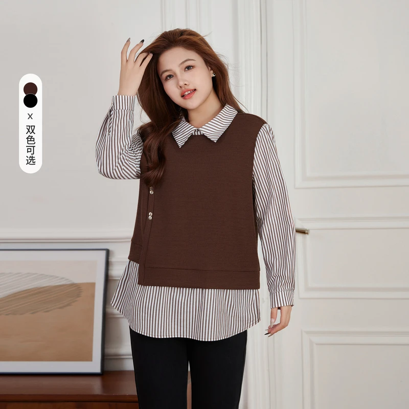 纤莉秀大码女装胖mm新款舒适时髦洋气减龄拼接衬衫newQI4714