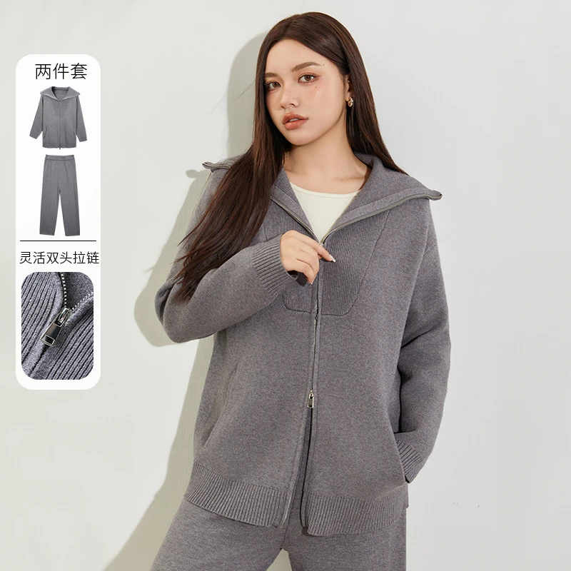 【软糯厚实毛织套装】纤莉秀大码女装翻领毛衣+直筒垂感长裤QI5838