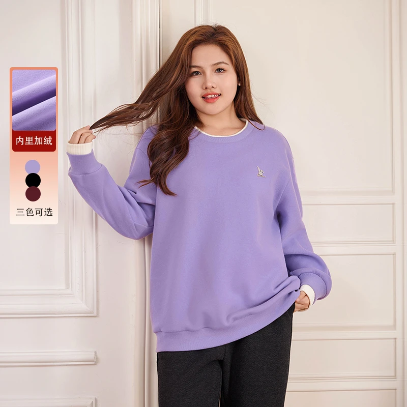 【拼接假两件加绒】纤莉秀大码女装胖mm韩系简约保暖秋冬卫衣QI4720