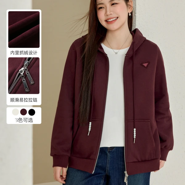 【美式复古抓绒加厚连帽卫衣】纤莉秀大码女装胖mm连帽上衣QJ4507