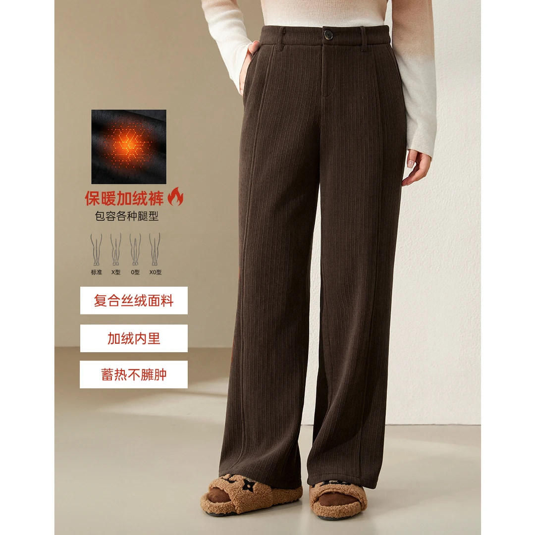 【美拉德老钱风复合丝绒阔腿裤】纤莉秀大码女装加绒直筒裤子QJ4253