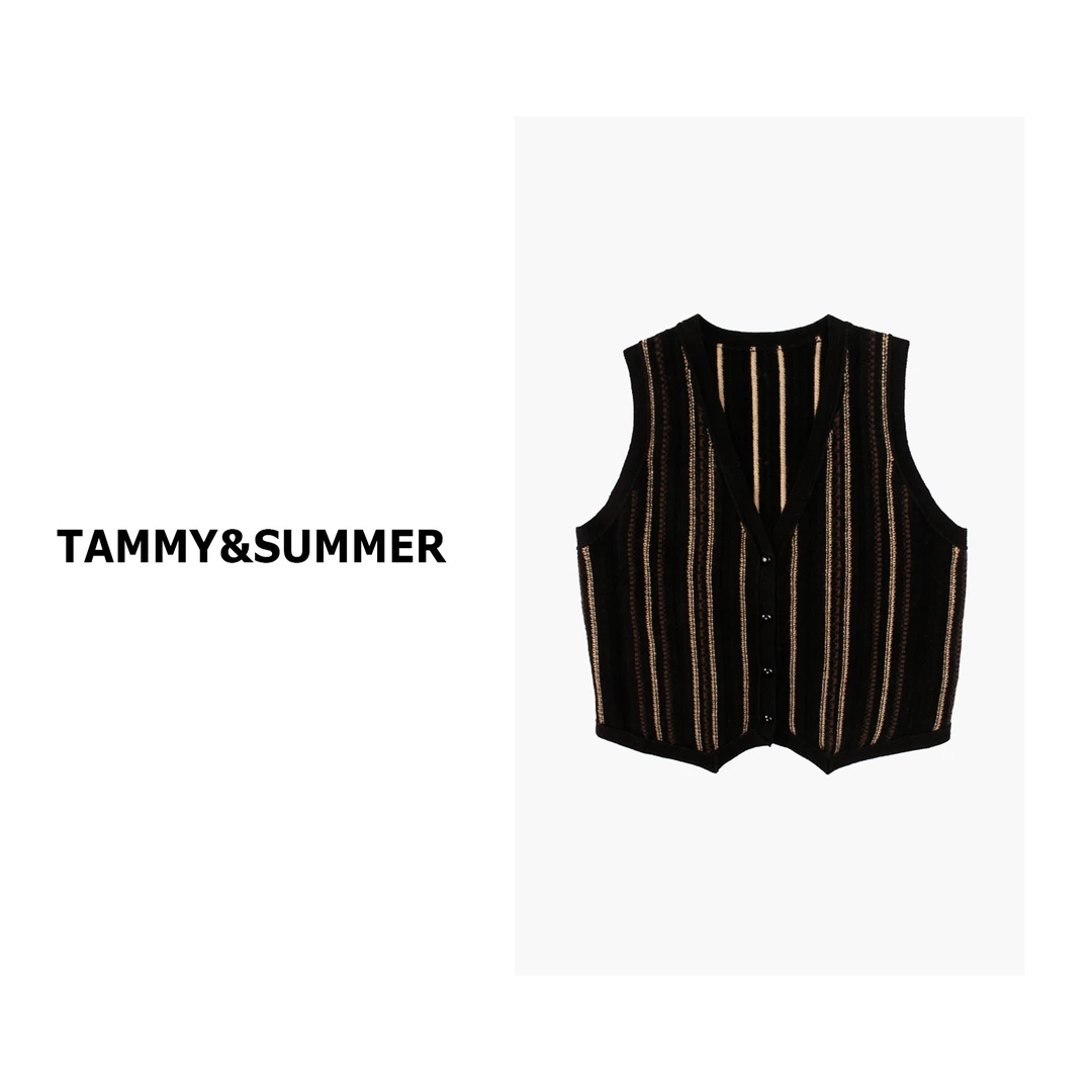 【Tammy&Summer】100%羊毛设计感竖彩条单排扣马甲无袖V领上衣17082