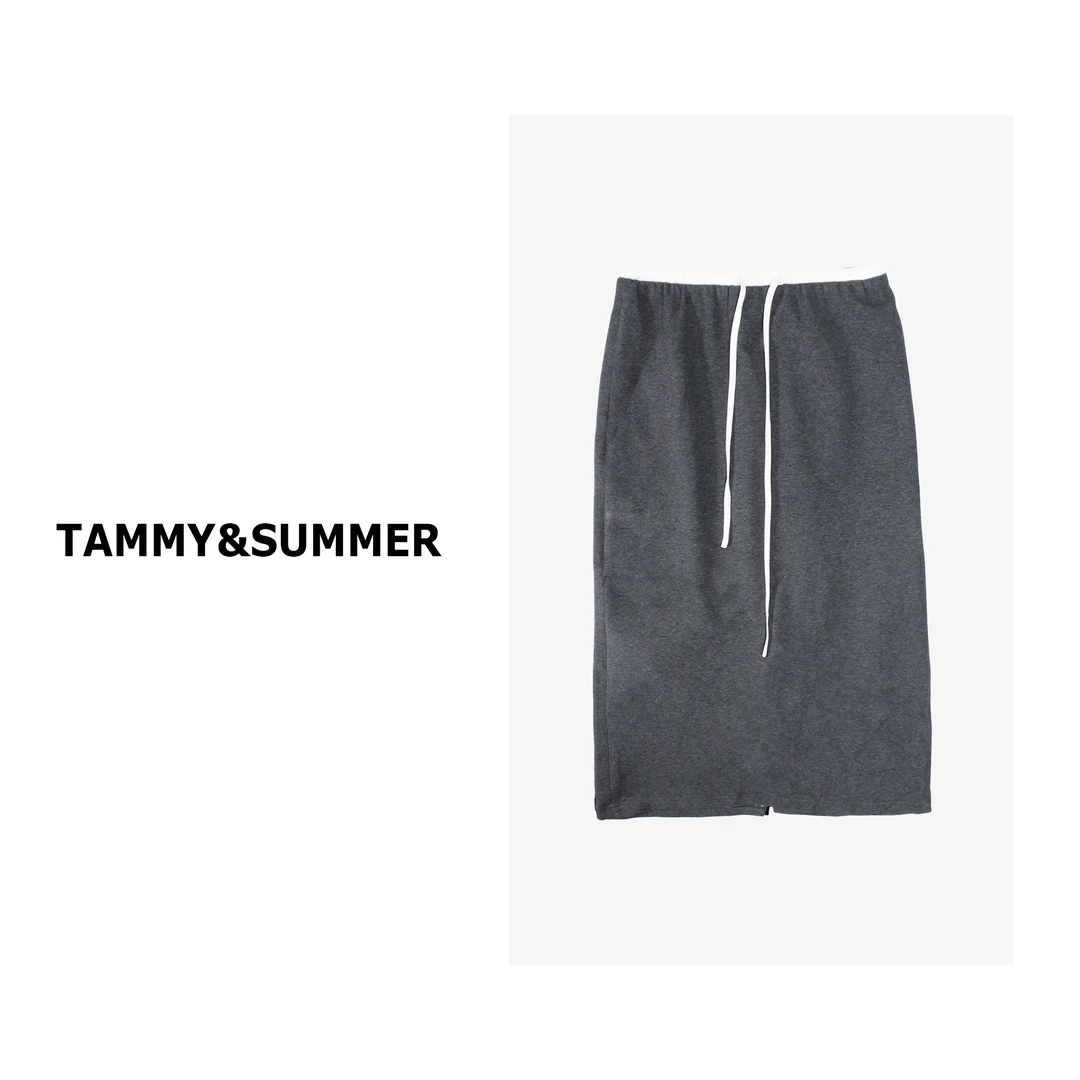 【Tammy&Summer】松紧腰抽绳撞色腰头后开叉宽松直筒半身裙17Z1003