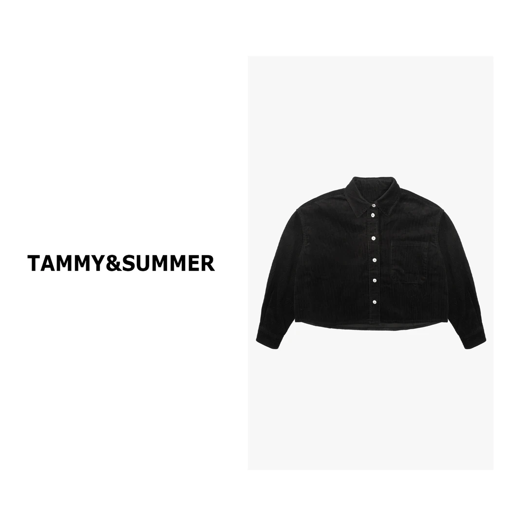【Tammy&Summer】纯棉翻领短款宽松百搭黑色长袖灯芯绒衬衫C8951