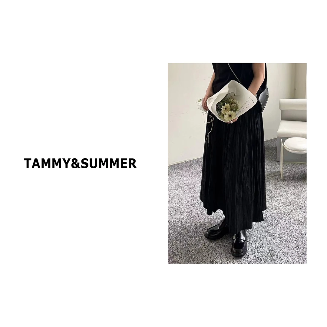 【Tammy&Summer】高腰长款直筒显瘦时尚百褶优雅黑色半身裙1538