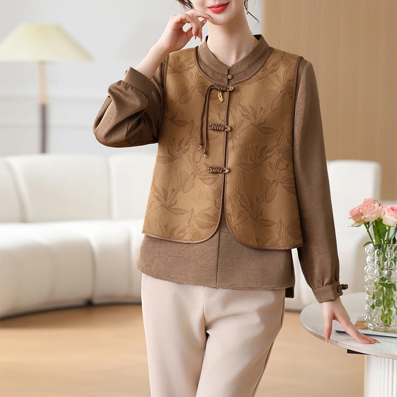 妈妈装秋款洋气套装2024新款中老年女装春秋装长袖新中式国风小衫