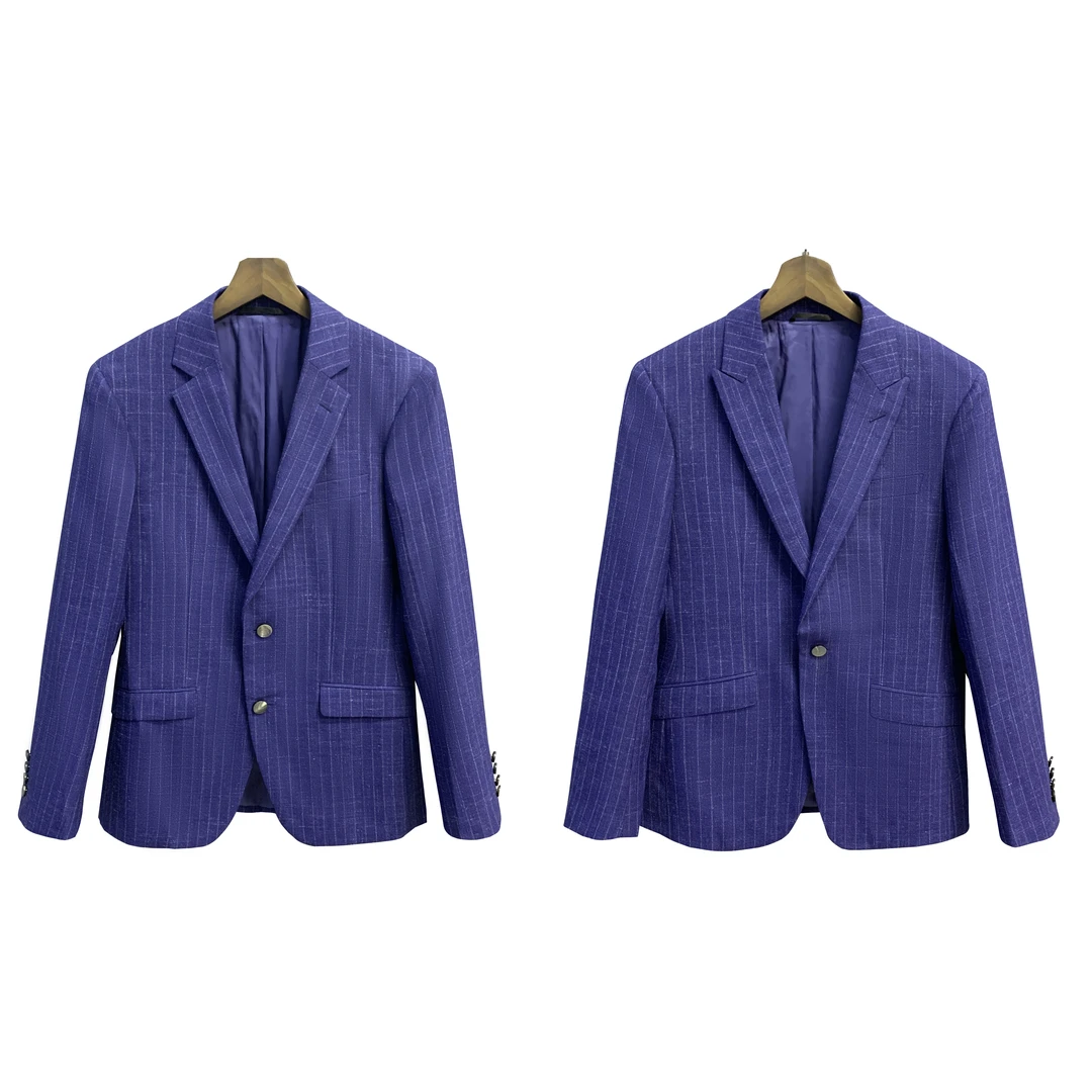 鸟【澳毛+亚麻+苎麻】蓝色竖条平驳领单扣活袖单叉单西集合XZ102