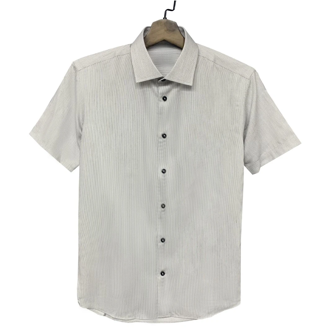 恺【好评款】免烫高级灰色条纹长绒棉短袖衬衫夏季CS157