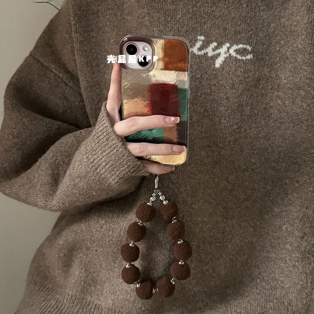 大色块复古撞色拼接ins韩系苹果16ProMax手机壳iPhone15链条14女