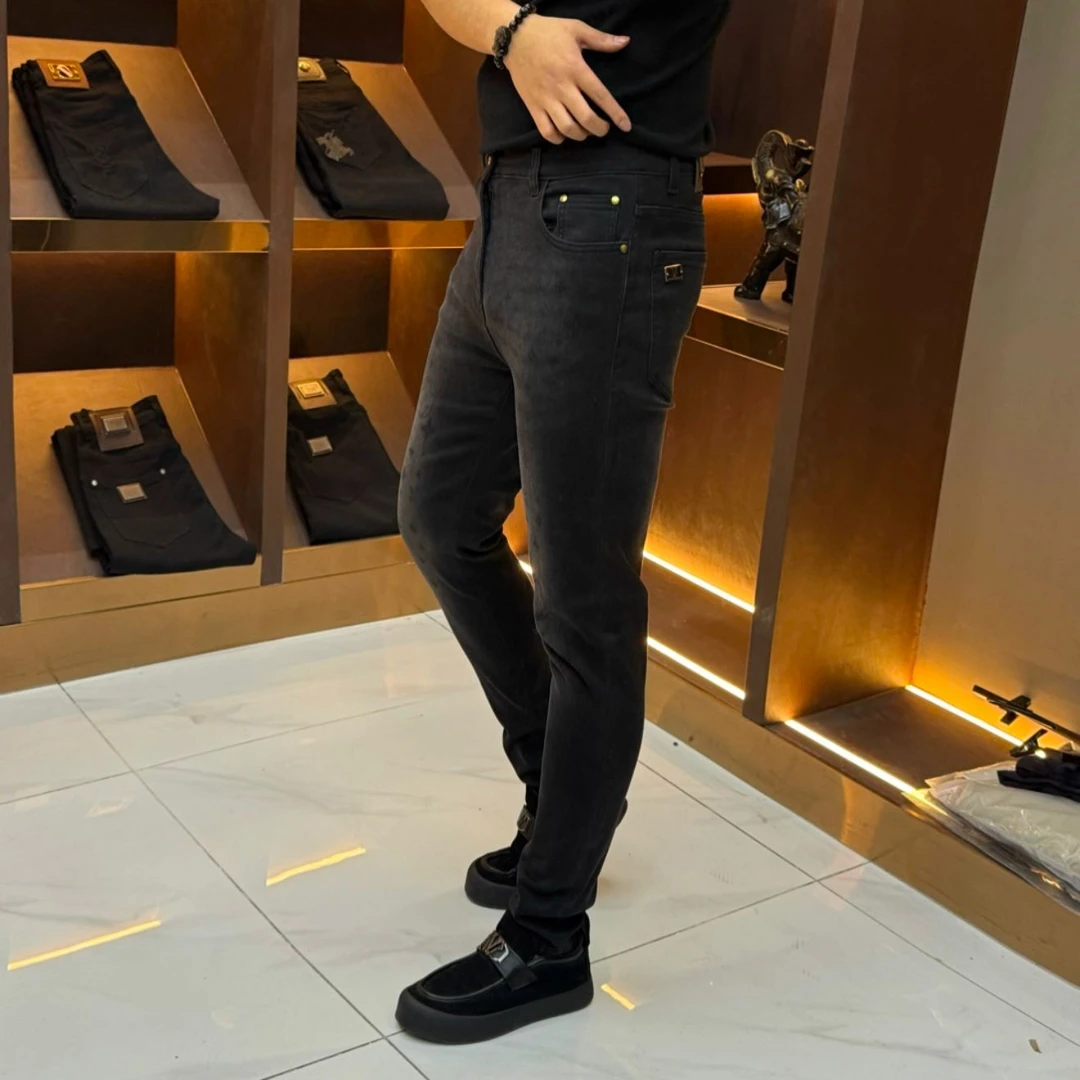 2024秋冬新款磨花修身小脚牛仔裤烟灰色潮流百搭水洗牛仔裤9799
