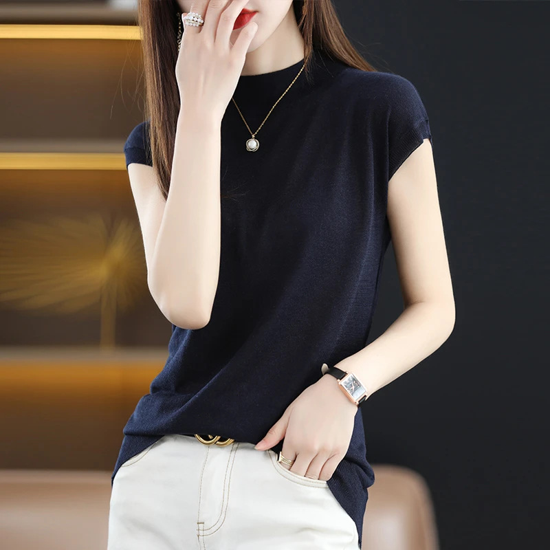 10%桑蚕丝90%天丝（莱赛尔）夏季薄款半高领无袖包肩针织衫女上衣