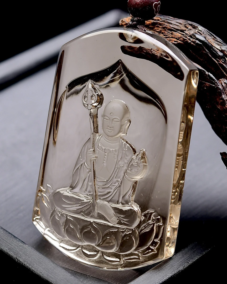 天然茶水晶地藏王吊坠，地藏王菩萨挂件，尺寸61*39*10mm重量43克