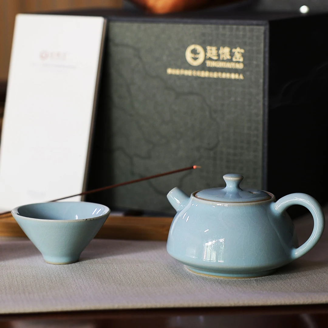 廷怀廷怀窑石瓢壶茶具一壶两杯天青复古家用汝窑汝瓷北宋原产地