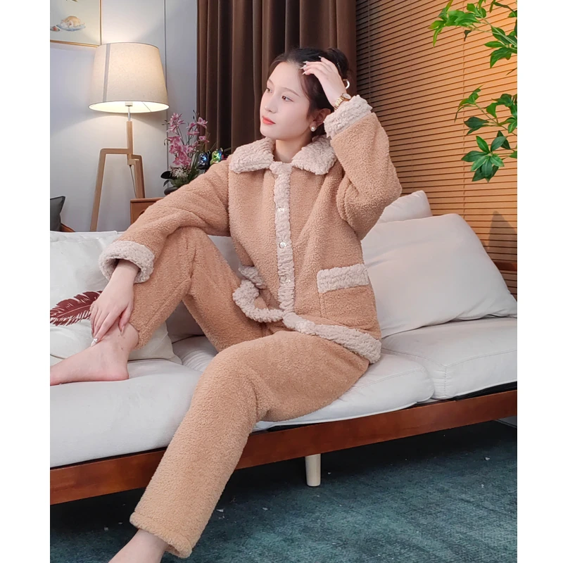 【焦糖翻领】睡衣秋冬珊瑚绒加厚加绒保暖冬季云朵家居服套装韩版