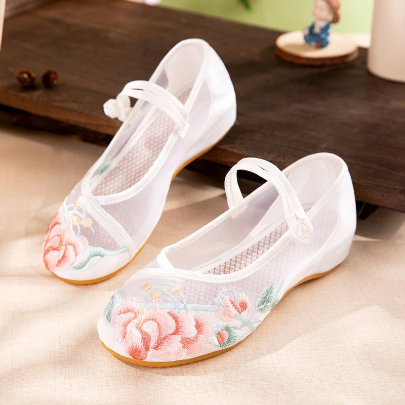 中国风网纱绣花鞋软底古风鞋透气镂空平底单鞋民族风夏季汉服凉鞋