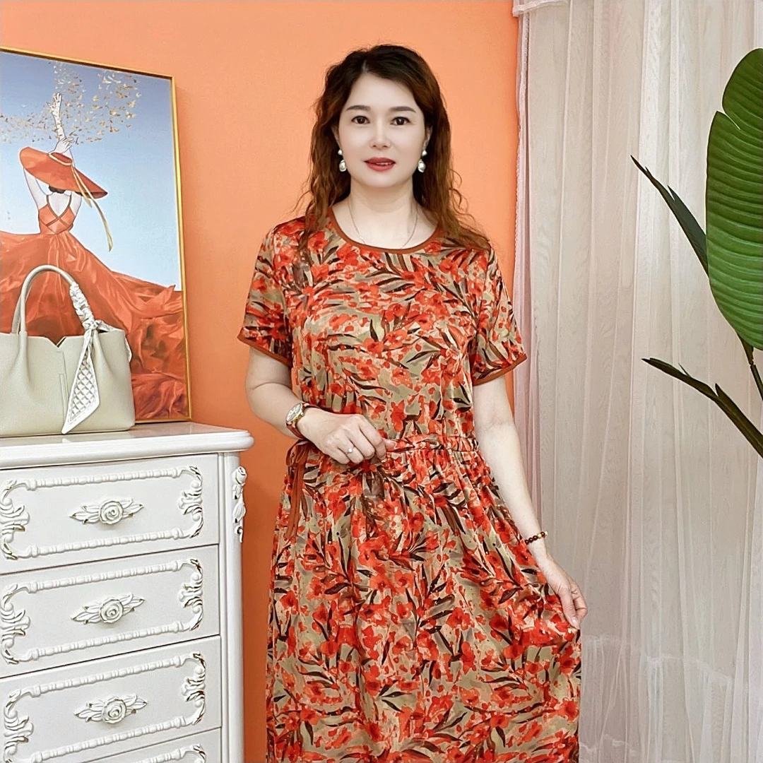 2024年夏季新款女士短袖妈妈装时尚显瘦宽松中长款连衣裙045