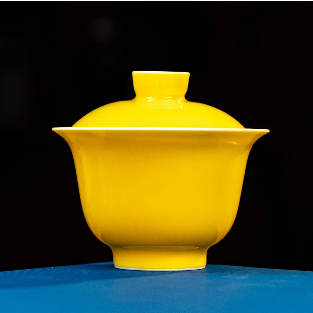 【阿布瓷器坊】澄观柴窑-帝王黄釉古钟盖碗-手工-陶瓷-茶器-单色釉