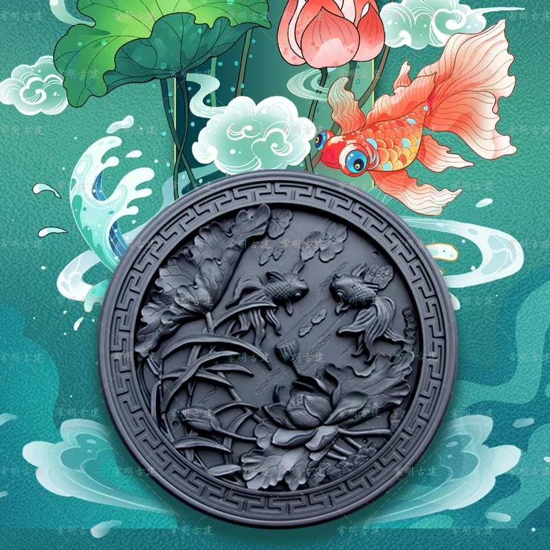 79荷花鱼年年有余树脂圆形挂件仿古浮雕一体新中式农村影壁墙装饰