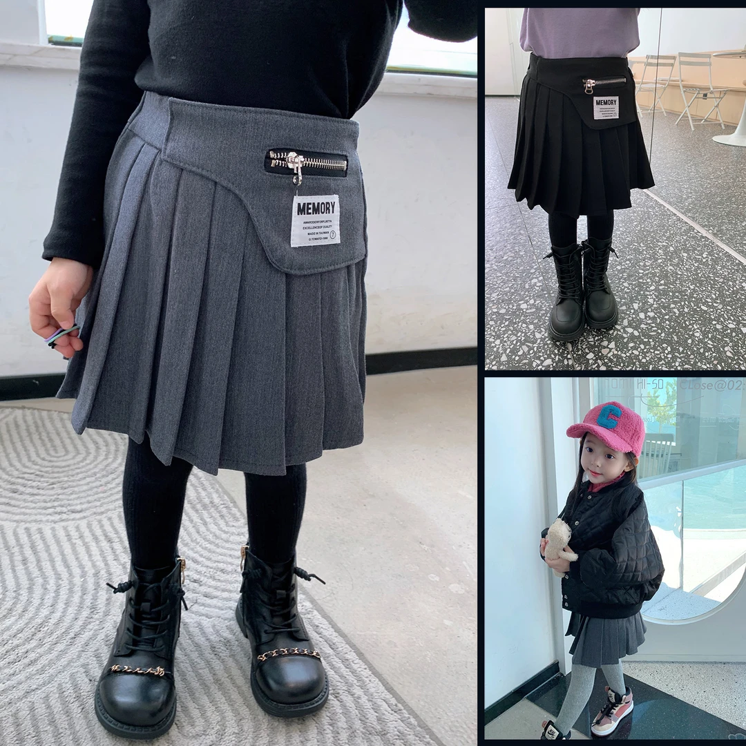 新款女童不规则腰摆设计半身裙高腰学院风亲子百褶裙Q