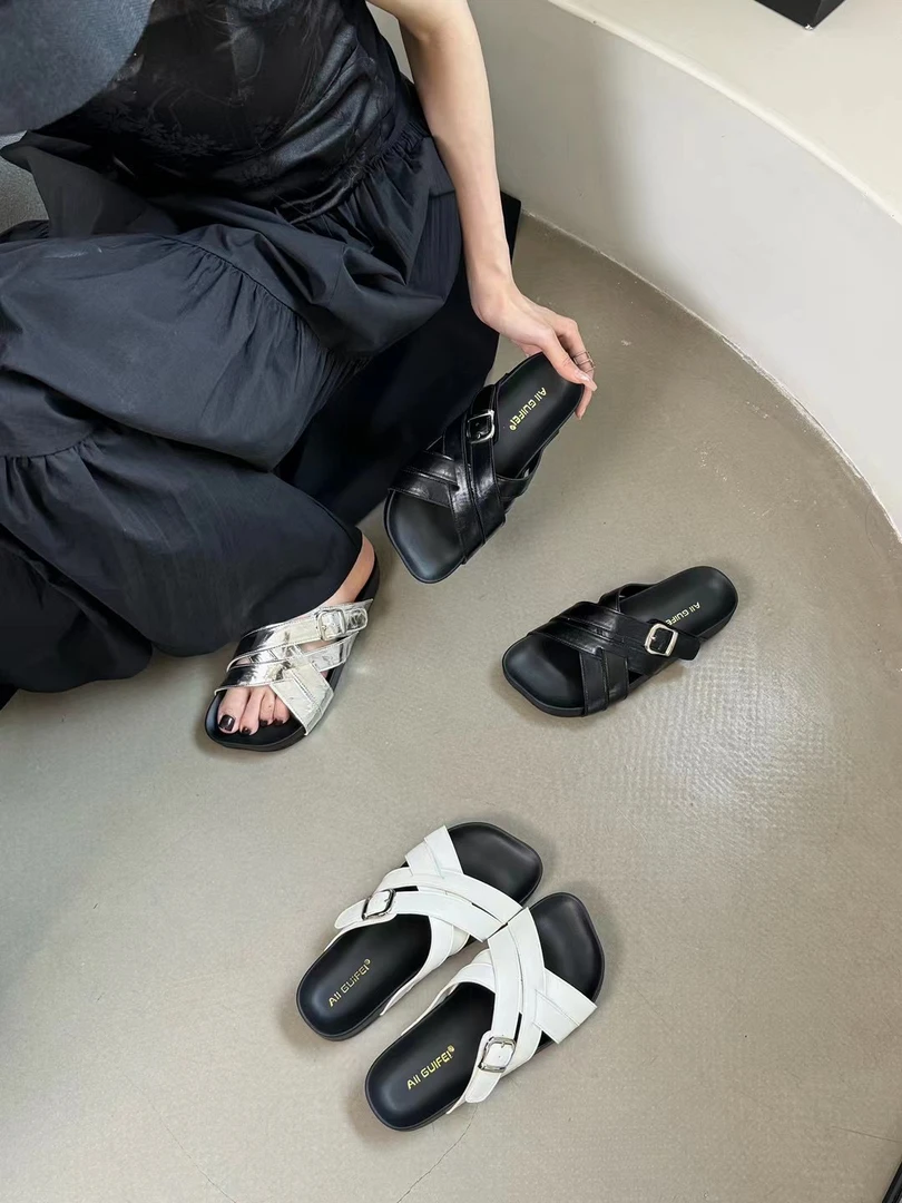 A 2301-1 时尚复古交叉带厚底拖鞋女夏外穿海边度假仙女风休闲