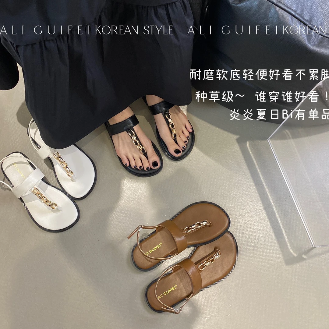 A A852-3 海边沙滩罗马鞋女2024年新款时尚金属链软底平底凉拖