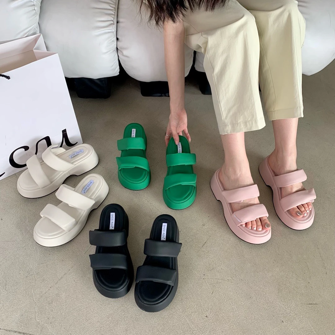 YR 577-2 韩范儿~厚底面包凉拖女外穿2024夏新款休闲增高露趾拖鞋