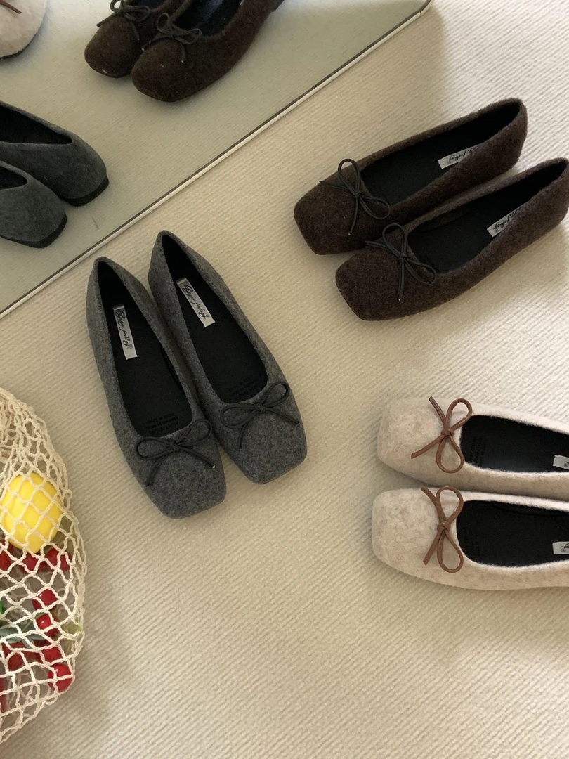 H 3333-3 韩国复古毛呢蝴蝶结方头女2024秋冬新款浅口温柔单鞋