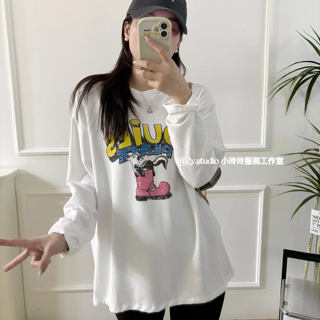 圆领卡通字母磨毛印花上衣6663