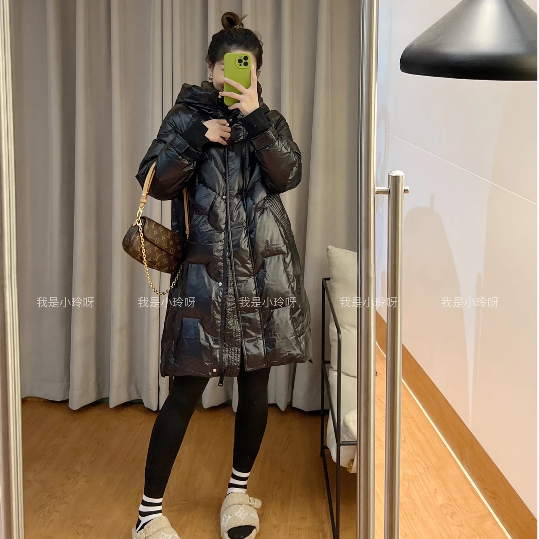 冬天保暖90白鸭绒中长款戴帽氛围感羽绒服122