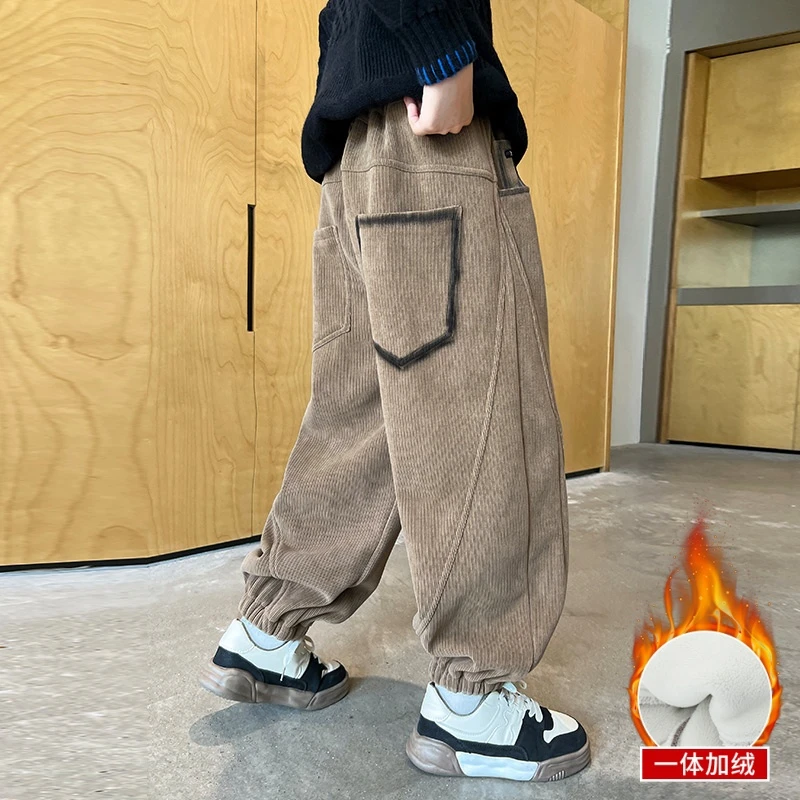 儿童装男童冬装加绒裤子2024新款秋冬款大童男孩加厚冬季运动卫裤