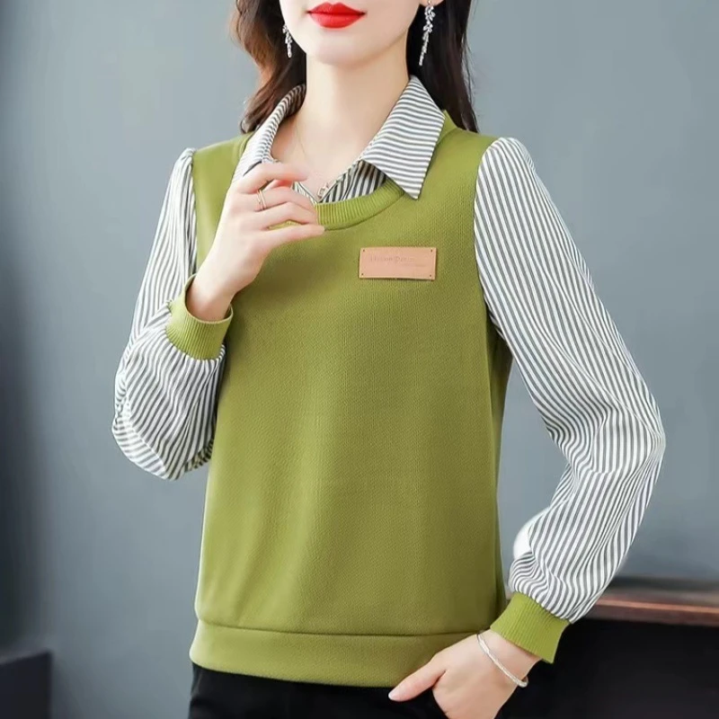 3381 时尚撞色条纹拼接宽松休闲假两件长袖显瘦减龄百搭卫衣小衫