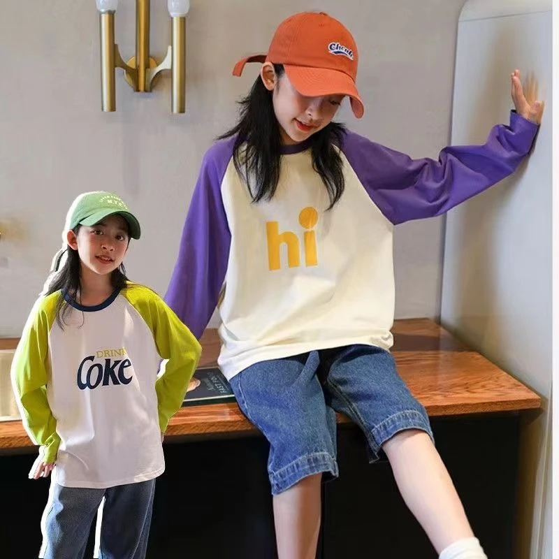 女童长袖T恤2023秋装新款韩版拼色中大童洋气休闲春秋儿童打底衫