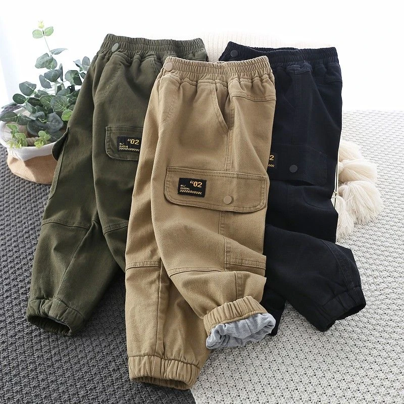 男童加厚工装裤秋冬新款中大童洋气宽松双层夹裤儿童外穿保暖长裤