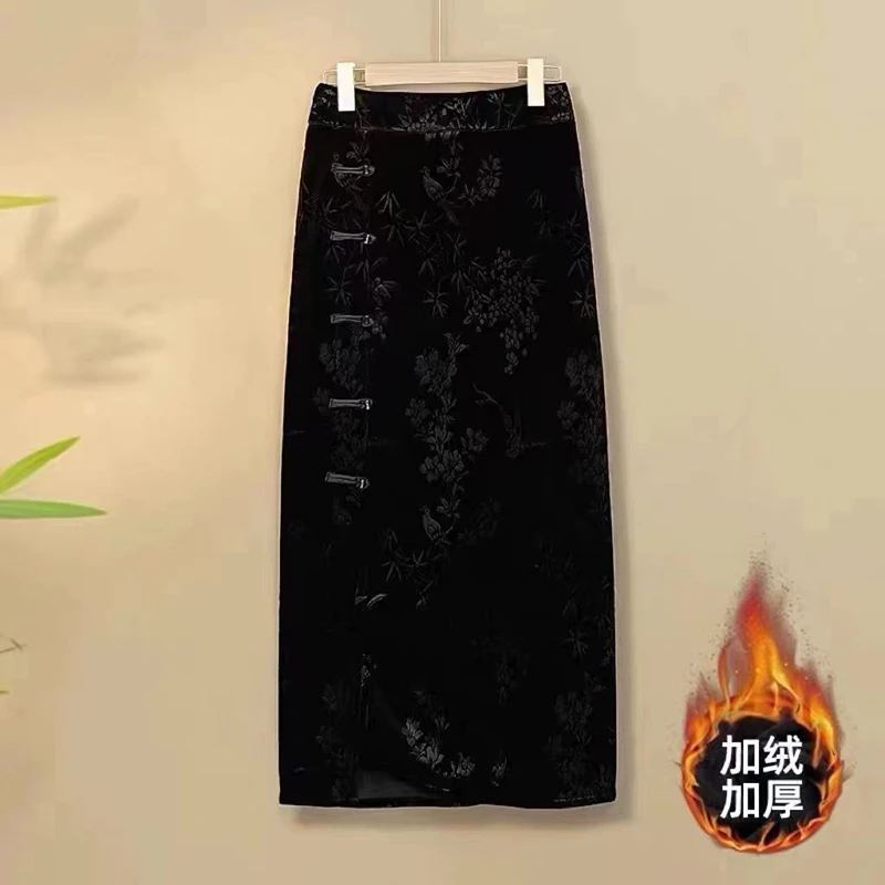 2024新款复古A字裙中款加绒加厚半身裙T0660