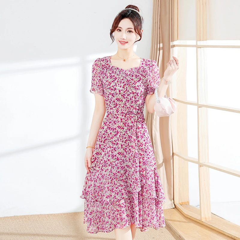 碎花连衣裙女2024夏新款收腰显瘦气质中长裙T0296