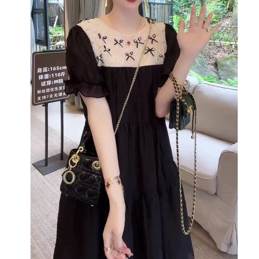 夏款茶歇法式气质黑色显瘦蝴蝶结连衣裙T1670