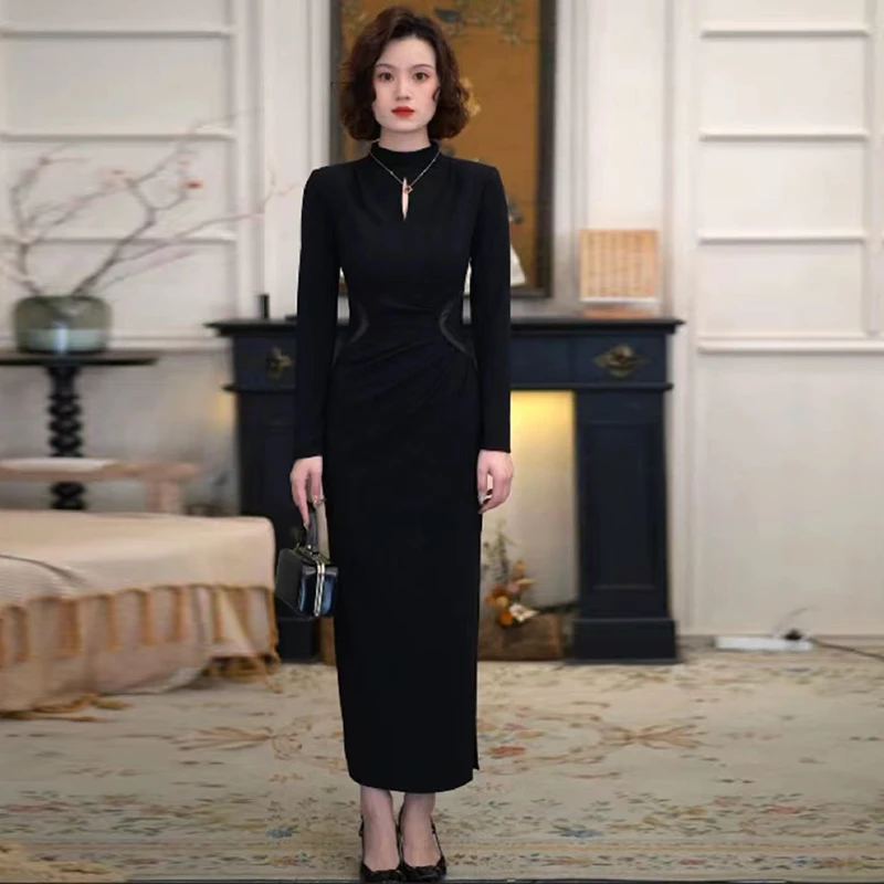 黑色赫本风连衣裙法式高端精致裙子T0881