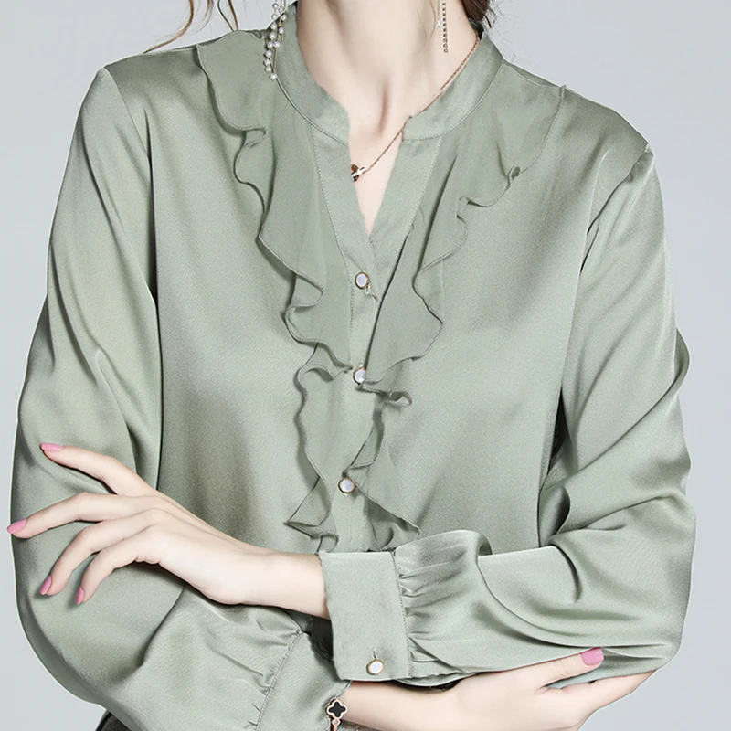 衬衫女2024春新款减龄法式V领荷叶边上衣高级感衬衣T0195