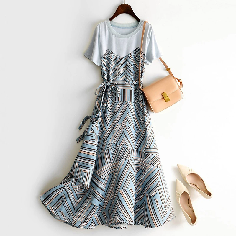 夏季假两件拼接短袖拼色圆领时尚气质中长款收腰连衣裙子女T0112