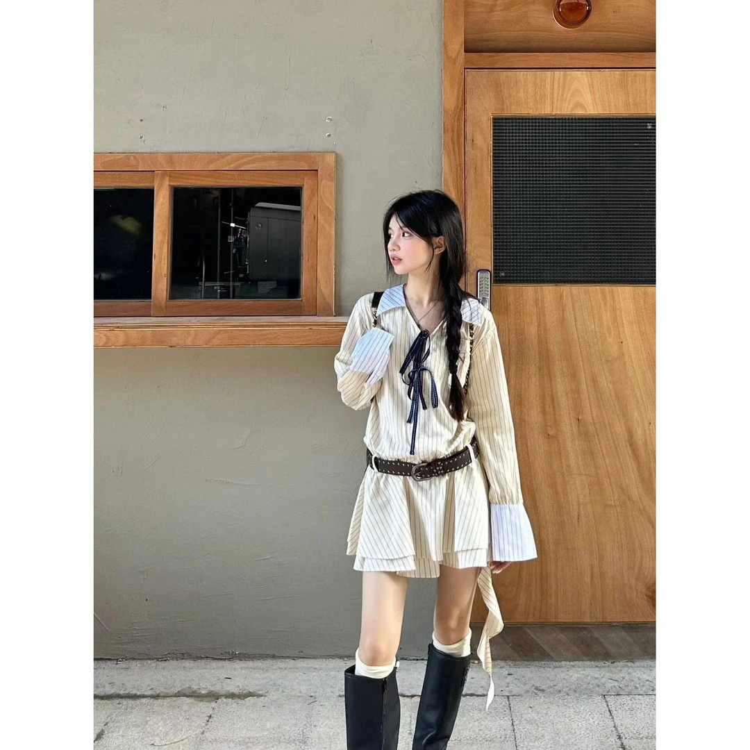 甜酷辣妹学院风条纹衬衫裙春季多巴胺小个子穿搭初恋连衣裙子女