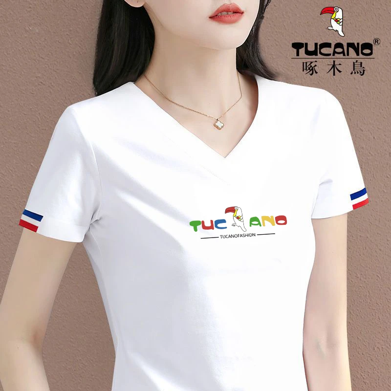 啄木鸟官方正品2023新款小罗纹V领时尚修身短袖修身显瘦百搭女装