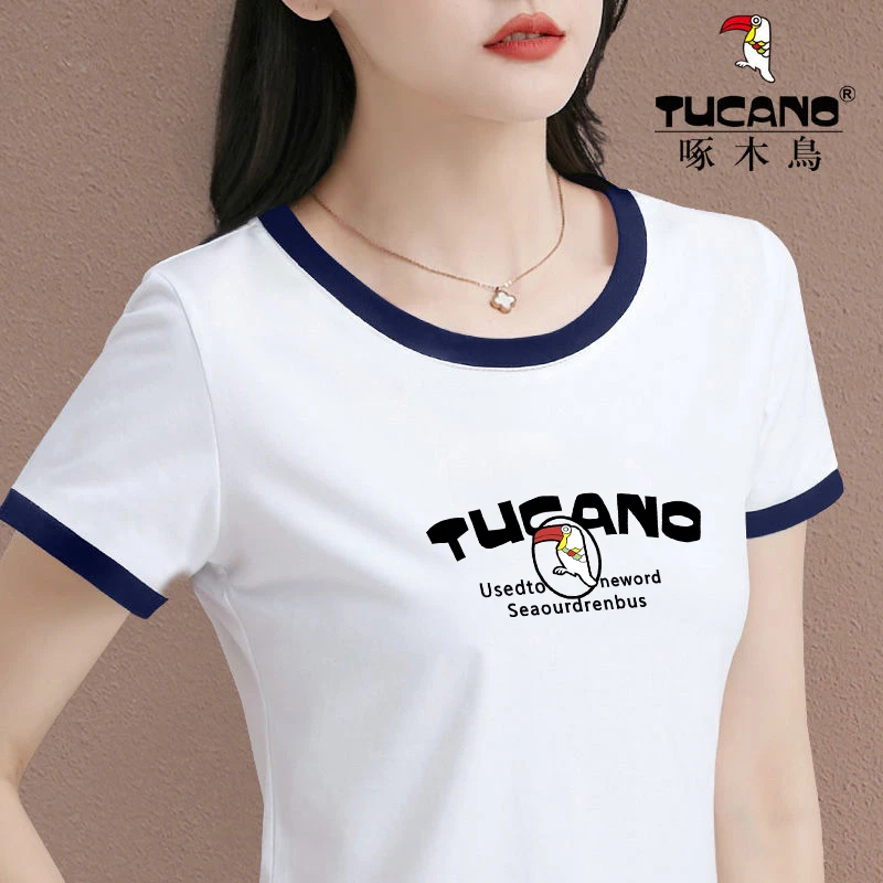啄木鸟官方正品2024年夏季新款时尚女装拼色短袖印花百搭修身显瘦