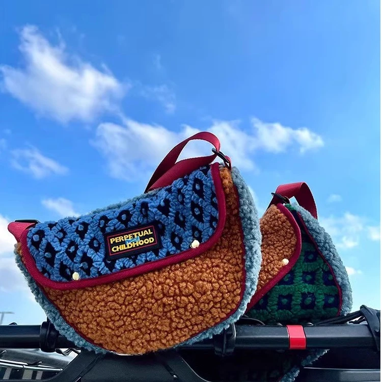 the house yimazato原创毛绒冬季小众设计撞色复古斜挎手提毛毛包